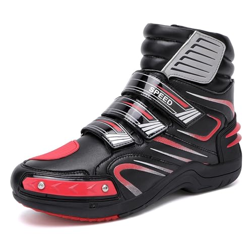 CXBFE Stivali da moto classici da uomo, stivali da moto da uomo in pelle resistente impermeabile, scarpe da moto antiscivolo, equipaggiamento protettivo da trekking(Red,45 EU)