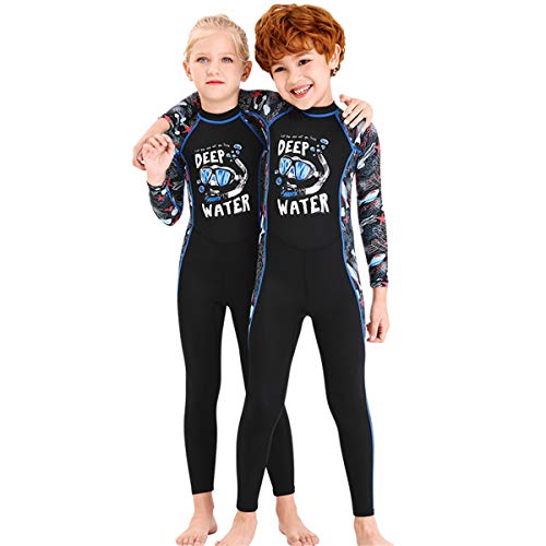 Image of Youth Girls Boys One Piece Water Sports Sun Protection Rash Guard UPF 50+ Long Sleeves Full Suit Swimsuit Wetsuit Swimwear, Boy-black, 7-8 Years