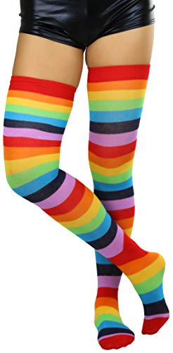 Image of ToBeInStyle Women's Bright Vibrant Rainbow Striped Thigh High Rave Stockings