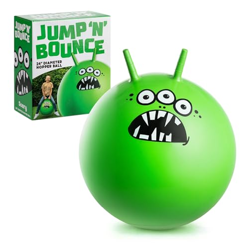 Toyrific Jump N Bounce Kids Space Hopper 24 Inch Retro Bouncing Ball with Easy Grip Handles Outdoor or Indoor Exercise Toy for Ages 3+ Scary Green Design
