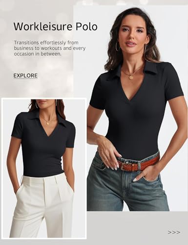Womens Short Sleeve Business Casual Tops Summer V Neck Polo Work Shirts 2025 Fitted Basic Collared Shirt2