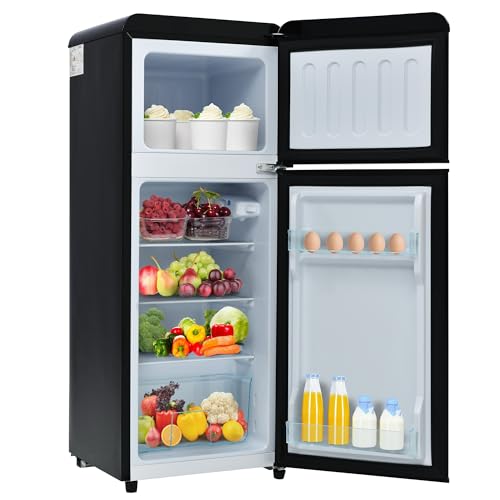 ZWJABYY Frigorífico-Congelador Retro,Capacidad 92L,iluminación LED,año -27 °C ~13 °C,45 dB,116 kWh/año,Frigorífico de 2 Puertas Black