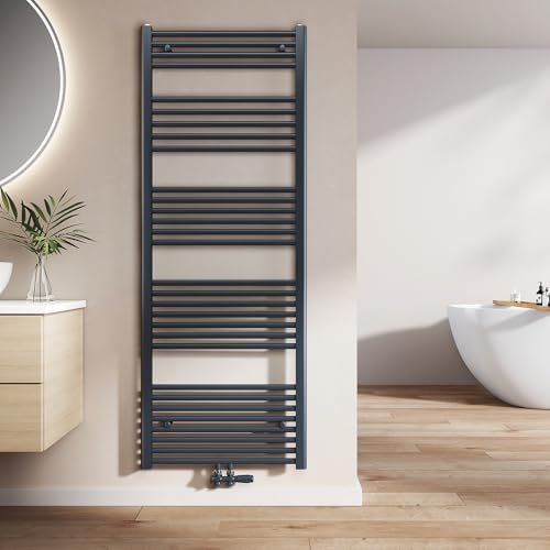 EMKE Badheizkörper Gerade 1600x600 mm - Handtuchheizkörper mit Mittelanschluss, Effizienter Handtuchwärmer Handtuchtrockner Heizkörper für Bad, Anthrazit, 762W