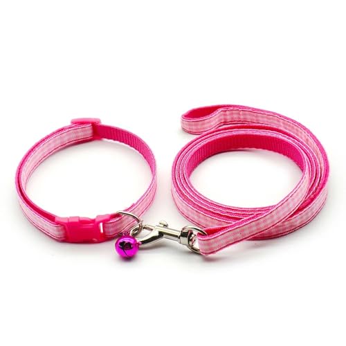 Small Dog Puppy Pet Collar and Lead Set Check Design Nylon Adjustable Size 19-32cm Collar with Bell and 120cm Leash Pink - Image 2
