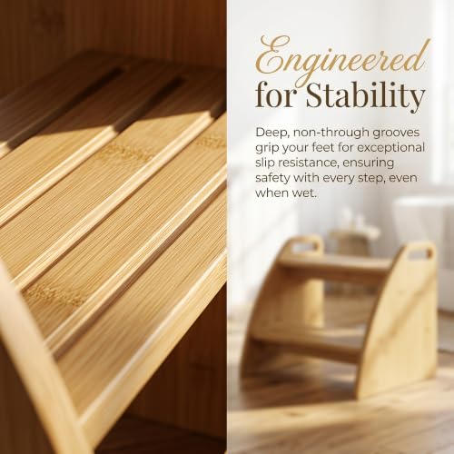 Image of Bamboo 2 Step Stool 300lbs Capacity, Wooden Two Step Stool with Non-Slip Handles, Heavy Duty Stepping Stool for Bedside High Beds Adults, Sturdy Small Bathroom Kitchen Wooden Step Stool