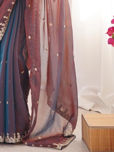 Image of AKHILAM Women's Shimmer Chiffon Sequence Embroidery Saree With Unstitched Blouse Piece(AARYAN21601 KR Parent)