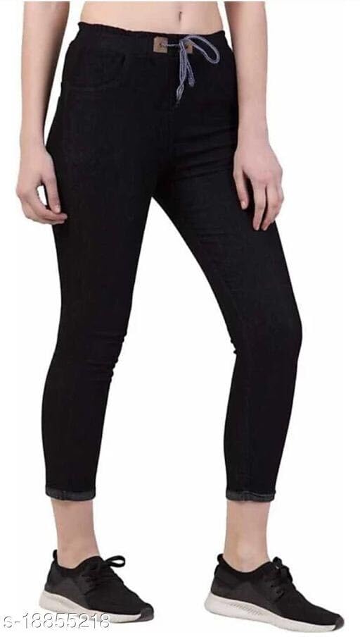Women's Black Denim Jeans, Drawstring Waist, Slim Fit, Ankle Length-image-13