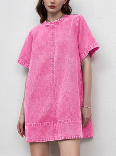 Image of LifeShe Denim Dress for Women Summer Casual Short Sleeve Chambray Mini Jean Dresses with Pockets