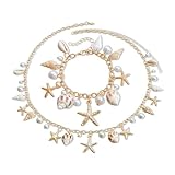 Seashell Starfish Waist Chain for Women, Adjustable Boho Pearl Body Chain with Gold Shell Bracelet for Swimwear & Outfits