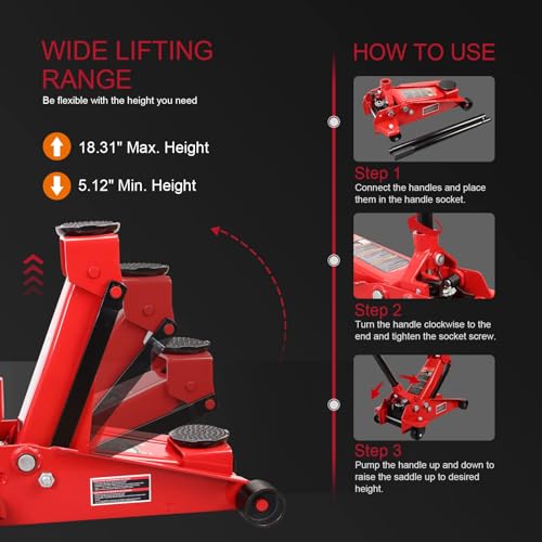 Image of Big RED T830025-1 Floor Jack Heavy Duty Hydraulic Steel Service Jack with Single Piston Quick Lift Pump and Detachable Handle, 6,000 LBS Capacity, Black