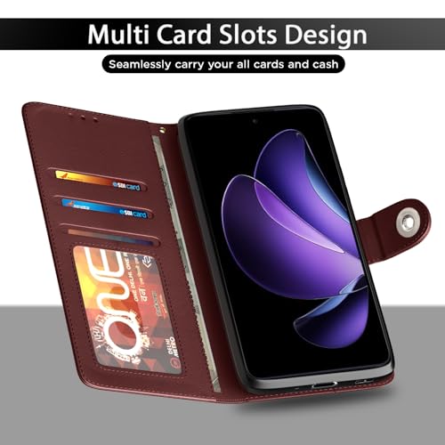 Image of Pikkme Flip Cover Leather Finish | Inside TPU with Card Pockets | Wallet Stand and Shock Proof | Complete Protection Button Flip Case for Oppo Reno 13F 5G(Brown)