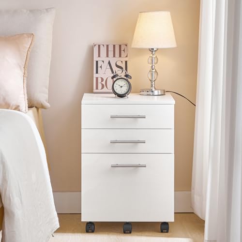 HOOBRO Rollcontainer, Rollen Aktenschrank mit 3 Schubladen, mobiler Büroschrank mit hängenden Aktenfächern, Büro, Weiß EWW02WJ01G1