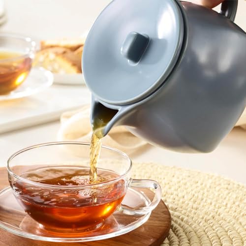 Image of Tea Forte Ceramic Teapot with Infuser, Stone Blue, 24 oz | Light Blue Ceramic Teapot & Lid - Stainless Steel Loose Leaf Tea Infuser - Microwave & Dishwasher Safe