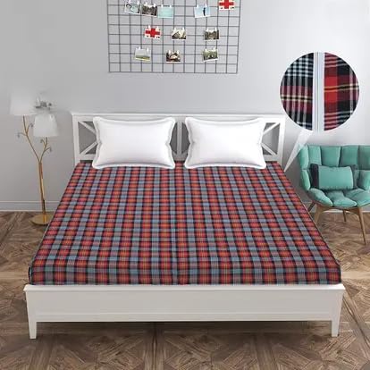 King Size Plaid Cotton Mattress Cover, Red and Grey, 72 x 75 x 12 Inches-image-36