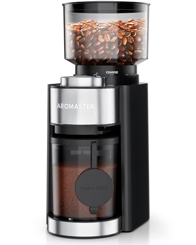 Aromaster Burr Coffee Grinder with 25 Grind Setting, Adjustable 2-12 Cups Timer, Professional Conical Coffee Bean Grinders for Home Use, 3-Ears Portafilter Holder, Anti-static, Cleaning Brush, Black