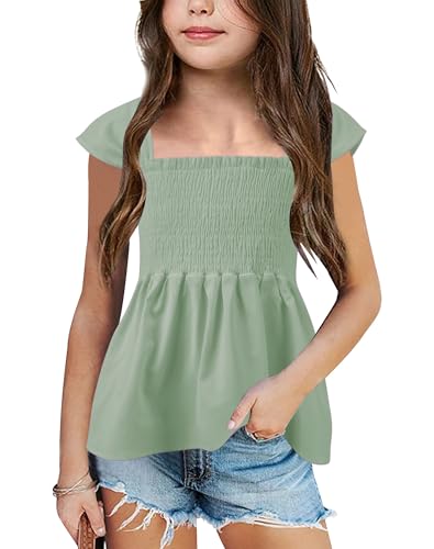 Image of Bingerlily Girls Summer Casual Tops Square Neck T Shirts Cute Smocked Top Tees