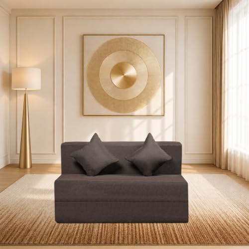 Image of Seventh Heaven Rejioce 2 Seater 4 * 6 Jute Fabric Washable Cover Sofa Cum Bed with 2 Cushions 2 Seater Double Foam Fold Out Sofa Cum Bed (Finish Color - Brown Delivery Condition - Pre-Assembled)