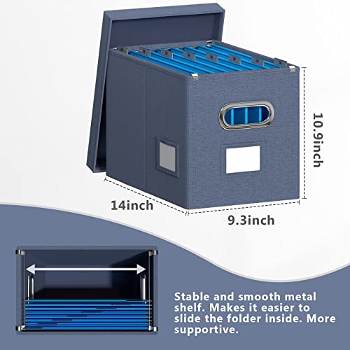 Dywmm File Folder Organizer - Set Of 2 Collapsible Decorative Linen Filing Storage Hanging File Box With Lids Office File Cabinet For Space Saving (14X9.3X10.9 Inch) (Navy Blue) #TOP6