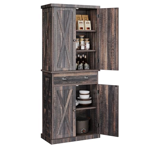 DWVO 72'' Farmhouse Kitchen Pantry, Rustic Wood Kitchen Storage Cabinets with Adjustable Shelves & Drawer, Tall Freestanding Cupboard for Dining Room, Living Room, Dark Gray