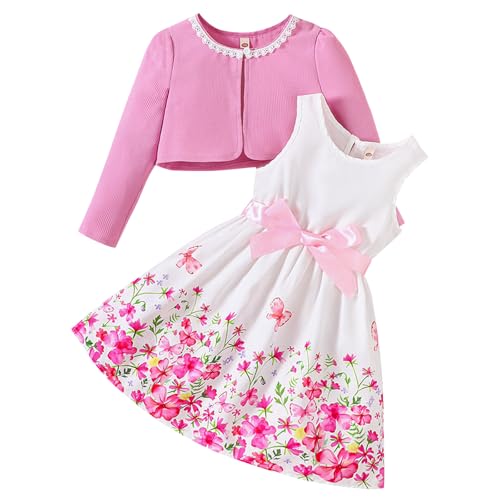Little Girls Dress and Cardigan Sets 2 Piece Floral Print Sleeveless Dress Lace Edge Sweaters Spring Full Clothes for 2-7Y