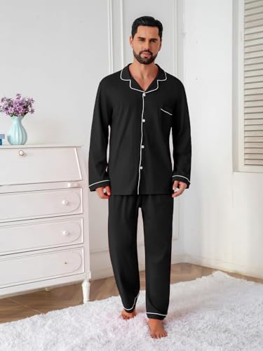 Image of QZH.DUAO Mens Pajama Set 100% Cotton Long Sleeve Button Down PJs