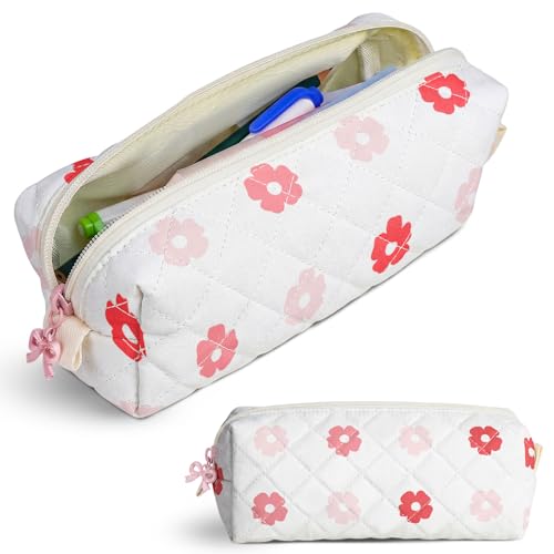 shiprabags Cute Quilted Pencil Case for Girls Women, Aesthetic Small Floral Pencil Pouch,Slim Soft Pencil Bag for School Supplies Makeup Pouch for School & Daily Use (Big Pink Floral)