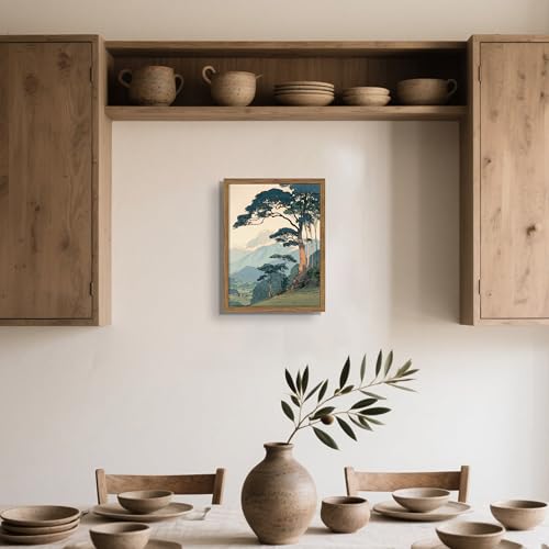 Image of Vintage Japanese Forest Framed Canvas Wall Art - Tranquil Mountain Landscape Painting Print, Retro Nature Tree Scene Decor for Living Room Bedroom Nursery Office Home 12x16 inch