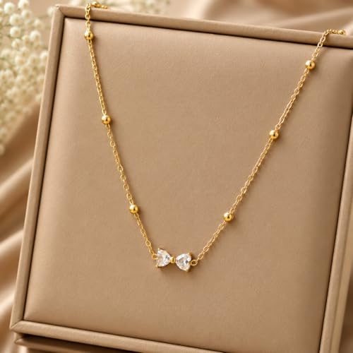 Image of Gold Plated Stainless Steel Bow Pendant Necklace, Anti Tarnish, Cubic Zirconia Charm, Beaded Chain