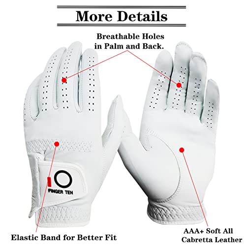 Finger Ten Golf Gloves Men Right Handed Golfer Left Hand Cabretta Leather White Soft All Weather Grip Breathable Lightweight Flexible Glove (White, Large, Worn On Left Hand) #TOP1