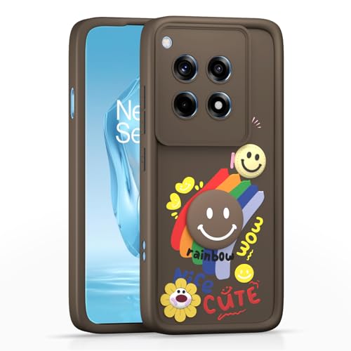 Image of Pikkme Back Cover for OnePlus 12R 5G | Soft Silicone| Cute Rainbow Smile & 3D Cartoon Flower Design | Shockproof Raised Camera Protection Bumper Case (Brown)