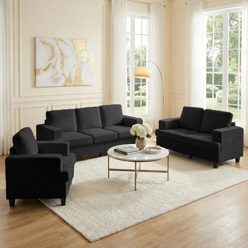 Image of Mjkone 3 Piece Living Room Furniture Sets, 82 inch Width 3 Seater Sofa Couch and Loveseat and Chair Set, Modular Sectional Sofa Couch Sets, Sofas Couches Set for Living Room Bedroom Home Office, Dark Grey