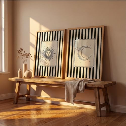 Image of Suneree Celestial Sun and Moon Wall Art Set of 2 Framed Paintings | Black Striped Tarot Style Illustration Poster | Boho Bedroom Living Room Home Decor (Art 7, 13x19 Inches)