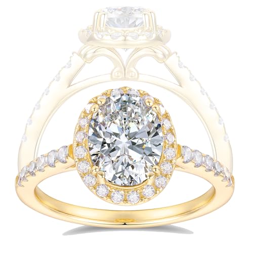 HAFEEZ CENTER 14k Solid Gold 7x9mm Oval Cut D Color Hola Moissanite Engagement Rings for Women (Yellow-Gold, 8)