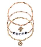 Durchmesser: 6 cm (flexibel) SIX 3er Set Damen Armbänder mit Perlen in rosa und Gold, Aufschrift Dream, goldene Anhänger im maritimen Look (782-636)