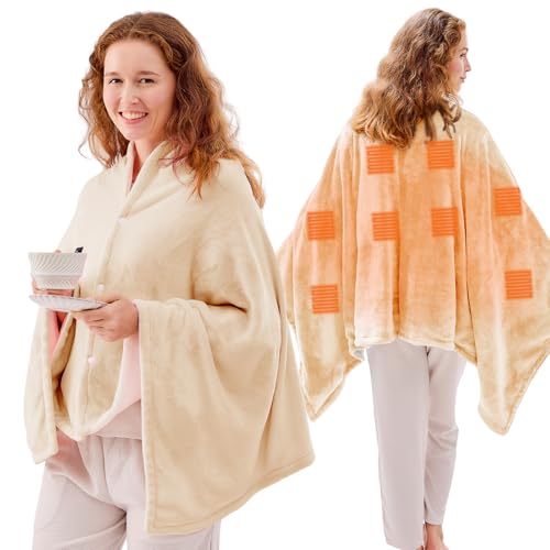 JOLLYVOGUE USB Heated Blanket Throw with 3 Levels & 8 Heating Zone, Wearable & Portable Heating Electric Blanket for Adults, Battery Operated Shawl for Home Office Indoor & Outdoor, 60x30inches, Beige