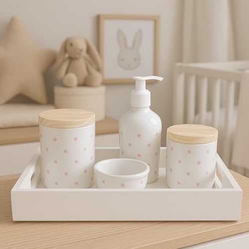 Kit Higiene poá Bebê em Porcelana, Bandeja Branca, 4 Peças, Potes...