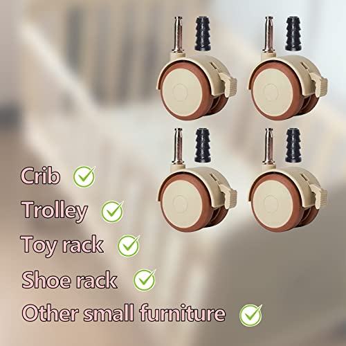 ZoeTekway 4er Lenkrollen für Kindermöbel Set mit 10,5 mm Hülse Stift, leise möbel Gummirollen mit bremse, für klein kinderbett babybett stubenwagen Trolleys freilaufend beistellbett