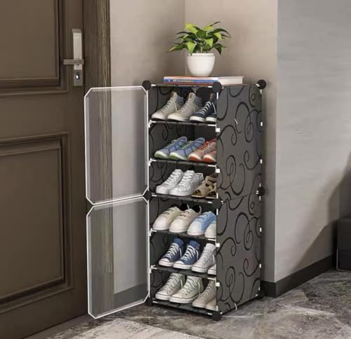 Image of KRISHYAM 6-Tier Shoe Rack Organizer with 2 Doors | DIY Portable Shoe Storage Cabinet for Boots, Shoes & Slippers | 12 Pair Capacity | Closet Organizer & Space Saver - Black