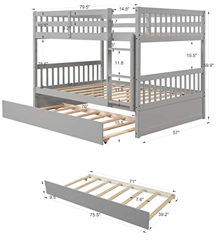 Full Over Full Bunk Bed With Trundle, Convertible To 2 Full Size Platform Bed, Wood Full Over Bunk Bed Frame With Built-In Ladder And Safety Guard Rails For Kids Boys Girls Teens, Gray #TOP1