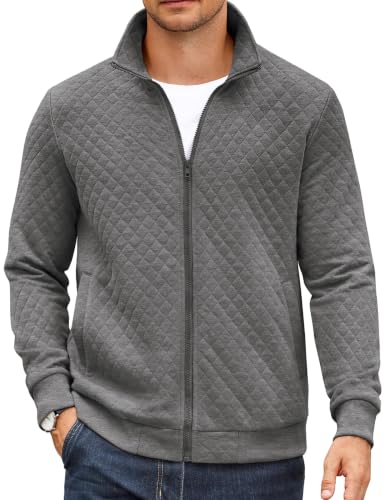COOFANDY Men's Casual Stylish Jackets Zip Up Hoodless Sweatshirt Lightweight Quilted Sweatshirt Mock Neck Sweater Cardigan Dark Grey