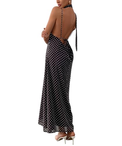 GORGLITTER Women's Deep V-Neck Polka Dots Mesh Tie Backless Sleeveless Long Maxi Dress with Scarf