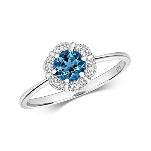 Bague Femme Or Blanc 9 k Diamant Brillant et Topaze Bleue London WJS29650