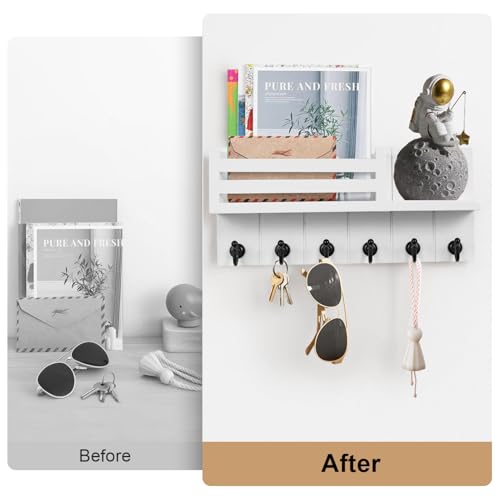 JF HOME BLISS Key Holder for Wall with 6 Hooks & Mail Shelf Rustic Wooden Key Rack Wall Mounted Entryway Organizer for Keys Mail Sunglasses for Hallway Kitchen Office Bedroom (White) - Cosy Home Interiors JF HOME BLISS Key Holder for Wall with 6 Hooks & Mail Shelf Rustic Wooden Key Rack Wall Mounted Entryway Organizer for Keys Mail Sunglasses for Hallway Kitchen Office Bedroom (White) - Image 4