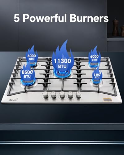 Image of Ranein 34 Inch 5 Burner Gas Cooktop, NG /LPG Convertible Gas Stove Top, 304 Stainless Steel with Thermocouple Flameout Protection for Kitchens, Apartments, RVs