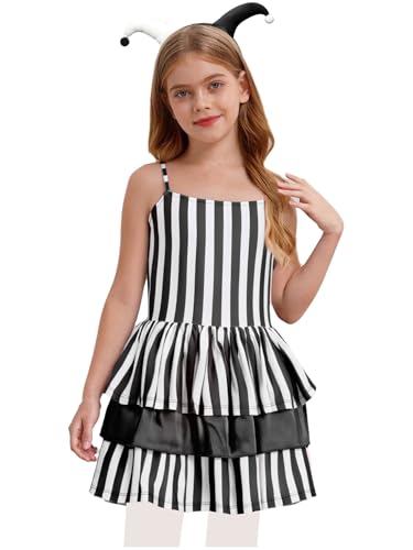 Miutii Vestido de payaso para niña, a rayas, vestido de baile con diadema, vestido de payaso, Halloween, carnaval, festivo, vestido de fiesta, negro, 134-140