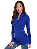 AmélieBoutik Damen-Pullover, schmale Passform, sexy, lässig, Schalkragen, Wickeloptik, Schnürung, langärmelig, Blau, M