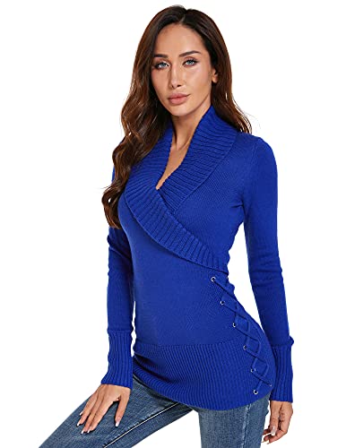 AmélieBoutik Women Slim Fit Sexy Casual Shawl Collar Faux Wrap Lace Up Long Sleeve Sweater(Blue Medium)