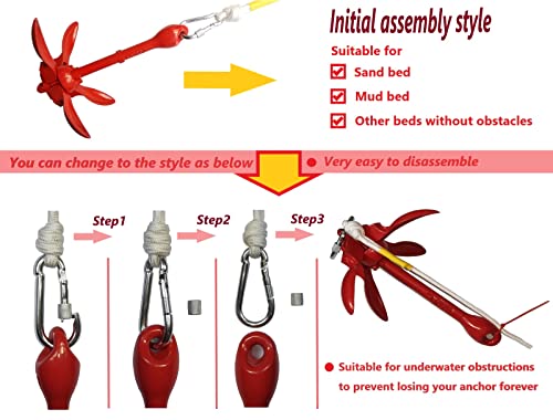 Ejemow Anchor For Kayak And Jet Ski, 3.5 Lb With 68Ft Rope For Paddle Board Pontoon Pwc Sup Canoe Accessories, Boat Anchor Kit,Folding Grapnel Anchor, Red #TOP3