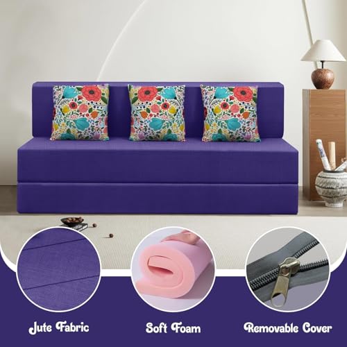 Image of Rosebell 3 Seater Foldable Sofa Cum Bed | 5x6 feet Jute Fabric with Washable Cover & 3 Printed Cushion | Multipurpose Sofa Bed for Living Room - Purple Color