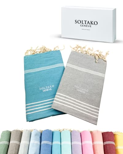 SOLTAKO Juego de 2 Toallas Turca Grande Peshtemal Fouta Beach Bath Gym SPA Yoga Hammam Toalla Piscina Picnic 100% Algodón Toalla Playa Ligera Arena Anti 100x200 cm Regalo del Dia de la Madre